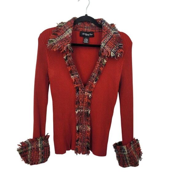 My Favorite Things Red Ribbed Silk Cardigan Jacket L Plaid Tweed Collar Cuffs - Picture 2 of 15